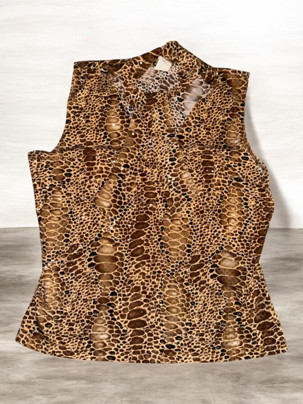 Vintage Coin Brown Leopard Cheetah Print Halter Blouse Sequin Accent Top Y2K 90s